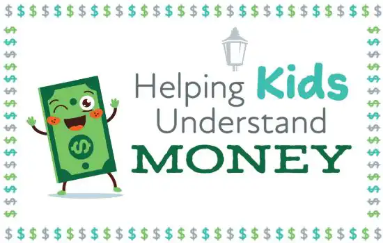 Title Image: "Helping Kids Understand Money" Cartoon illustration of a dollar bill dancing and winking.