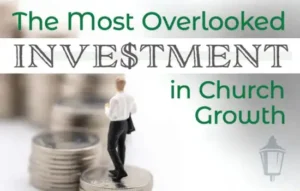 Richland Ave Financial - Blog Headline: The Most Overlooked Investment in Church Growth - Image of a man standing on a (size exaggerated) stack of coins